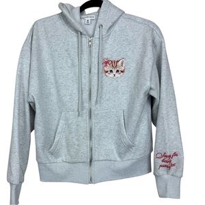 Fourteen Twelve Boutique Embroidered cat teacup Zip Up Hoodie, grey sz M